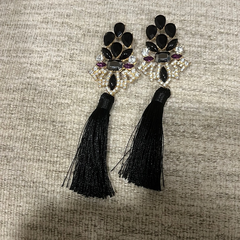 Black handmade Crystal tassel earrings